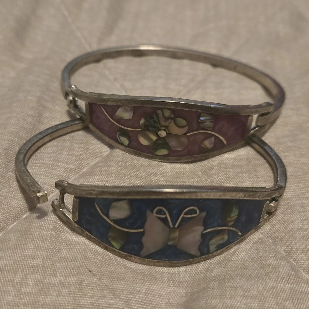 Vintage Mother Of Pearl Silver Bracelets One Blue and Pink Color.